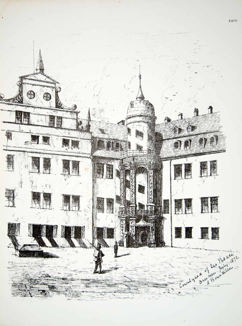 1876 Lithograph Lizzie Bourdillon Art Courtyard Dresden Castle Germany ZZ13
