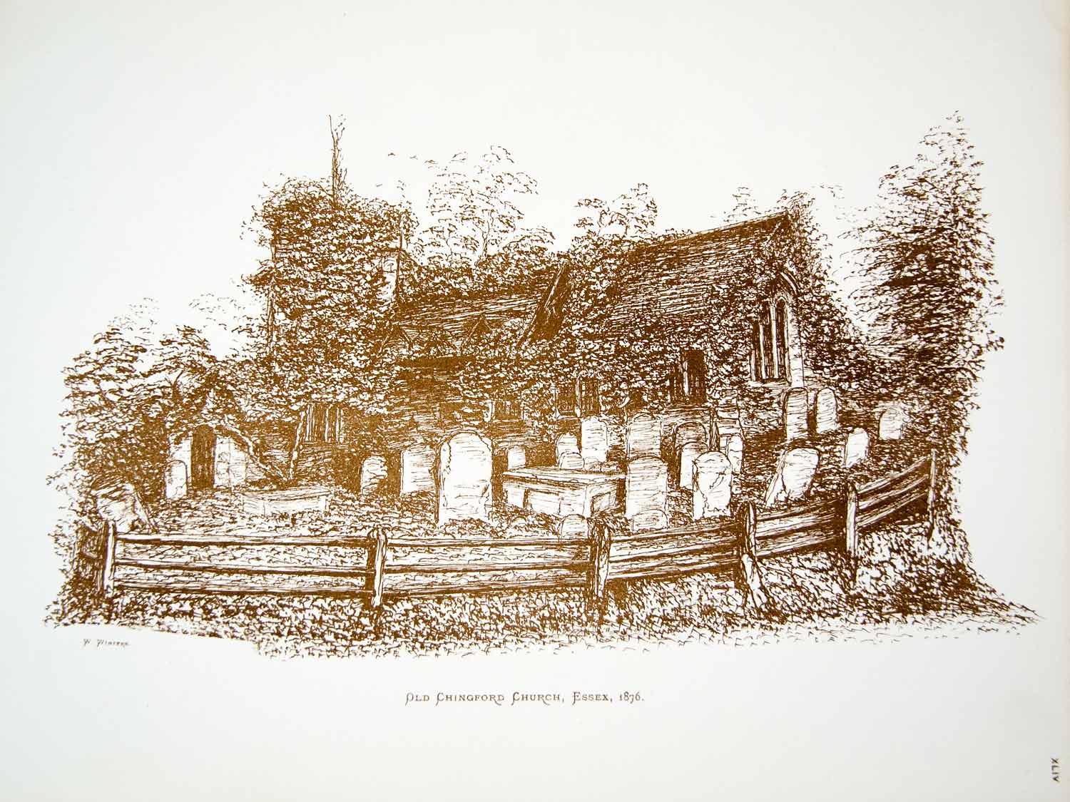 1876 Lithograph W Winters Art All Saints Old Church Road Chingford England ZZ13