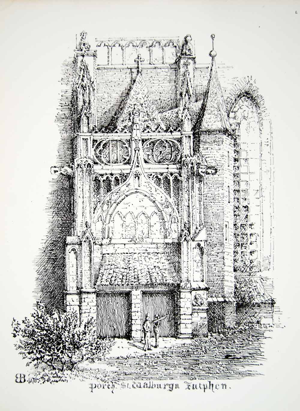 1876 Lithograph Elizabeth Barstow Art St Walburgis Church Zutphen Holland ZZ13
