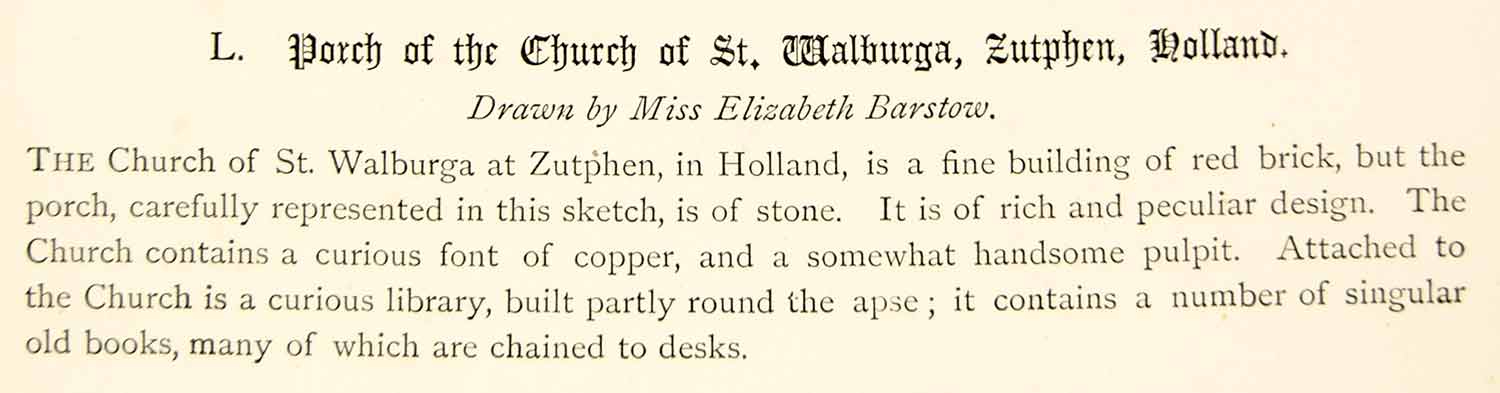 1876 Lithograph Elizabeth Barstow Art St Walburgis Church Zutphen Holland ZZ13