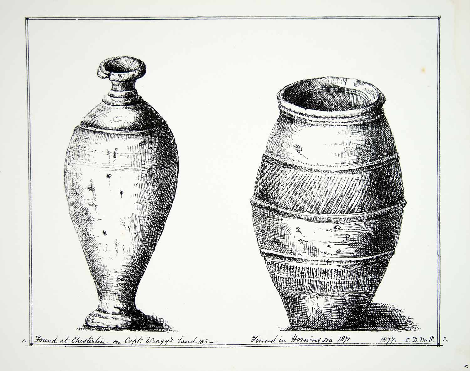 1877 Lithograph H Strickland Art Archaeology Pottery Ampulla Cinerary Urn ZZ14