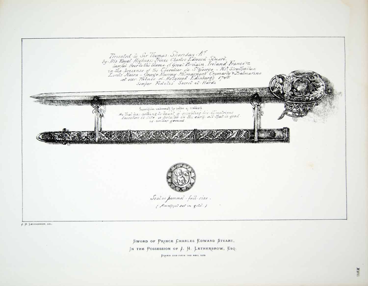1877 Lithograph JH Letherbrow Art Sword Prince Charles Edward Stuart Weapon ZZ14