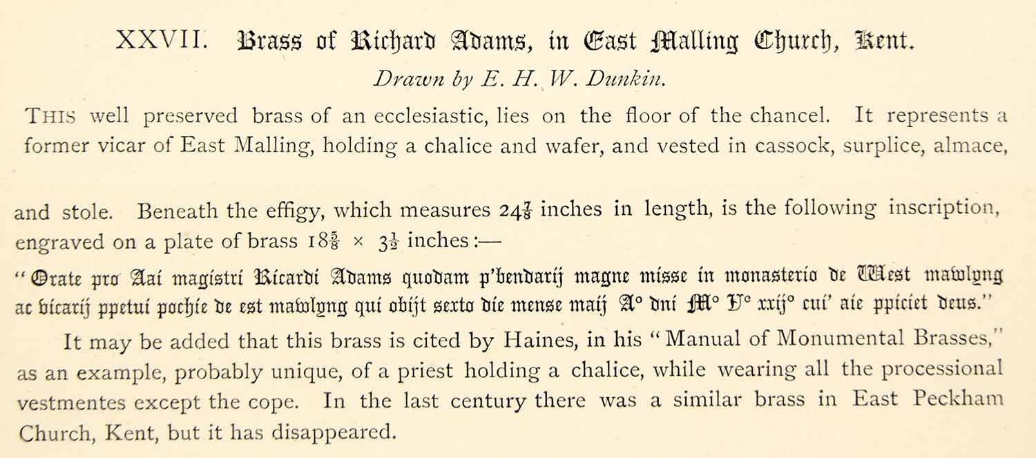 1877 Lithograph EHW Dunkin Art Brass Richard Adams East Malling Church UK ZZ14