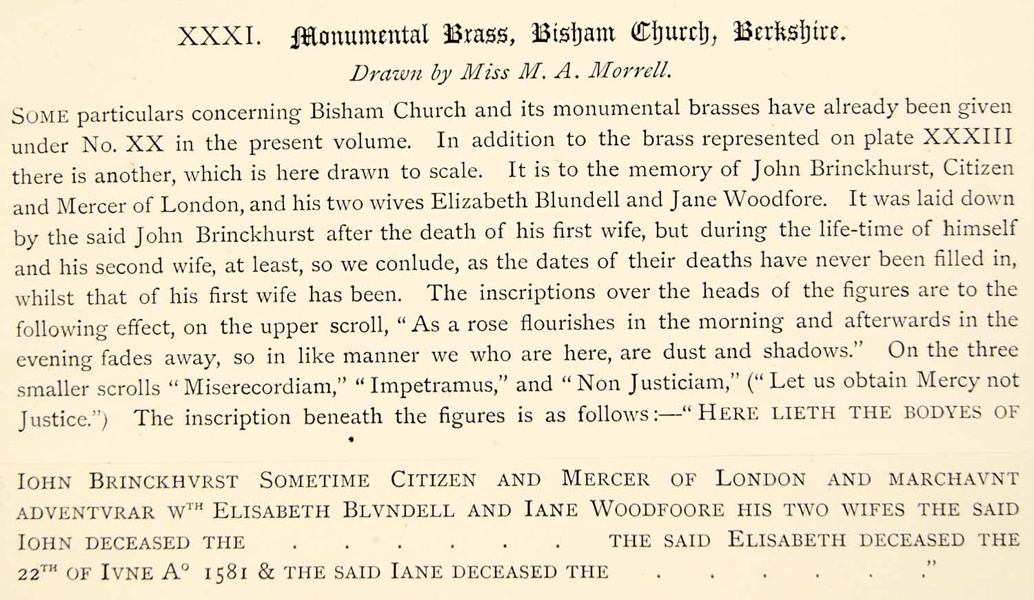 1877 Lithograph MA Morrell Art John Brickhurst Brass Bisham Church Medieval ZZ14