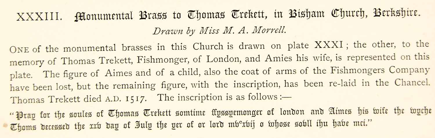 1877 Lithograph Morrell Art Thomas Trekett Brass All Saints Church Bisham ZZ14