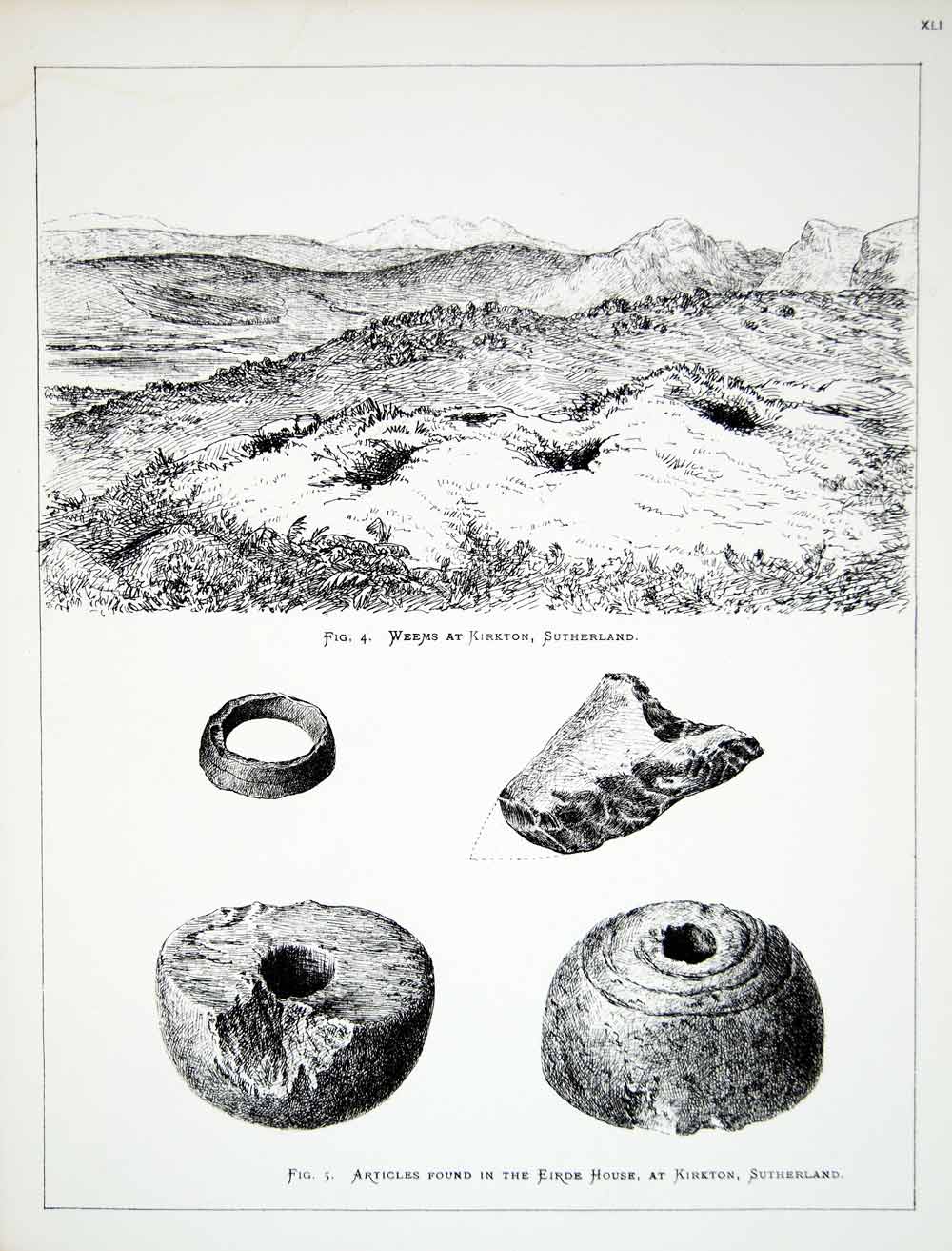 1877 Lithograph Catherine Loch Art Weem Pits Archaeology Scotland Spearhead ZZ14