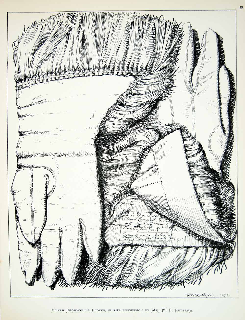 1878 Lithograph WB Redfarn Art Oliver Cromwell Gloves 17th Century Fashion ZZ15