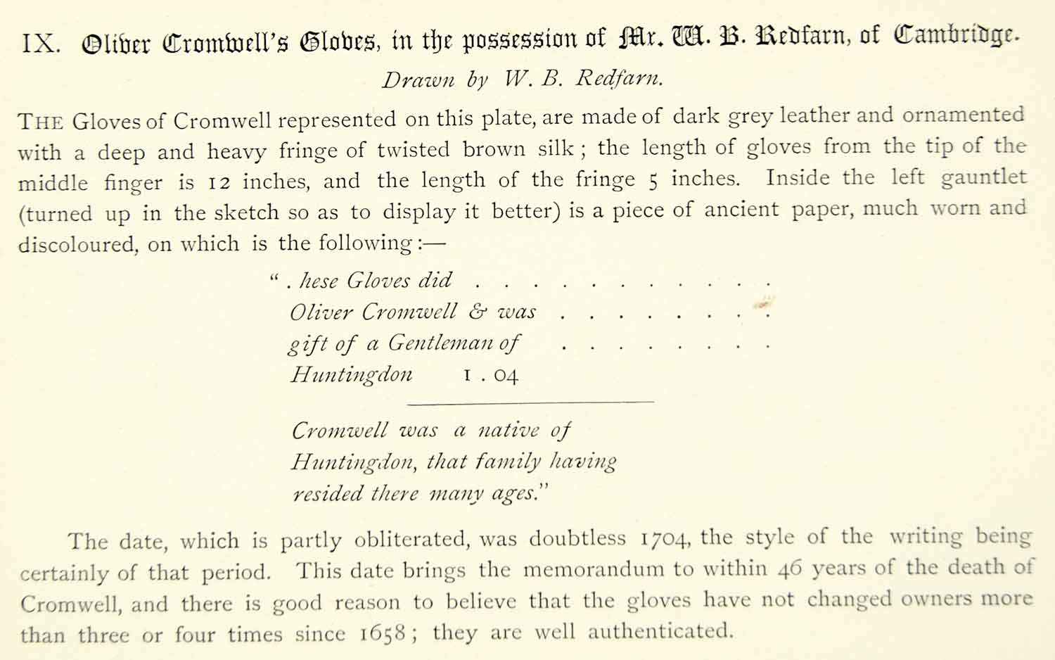 1878 Lithograph WB Redfarn Art Oliver Cromwell Gloves 17th Century Fashion ZZ15