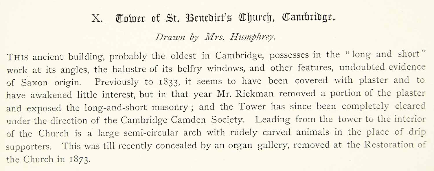 1878 Lithograph AP Humphrey Art Tower St Bene't's Church Cambridge England ZZ15
