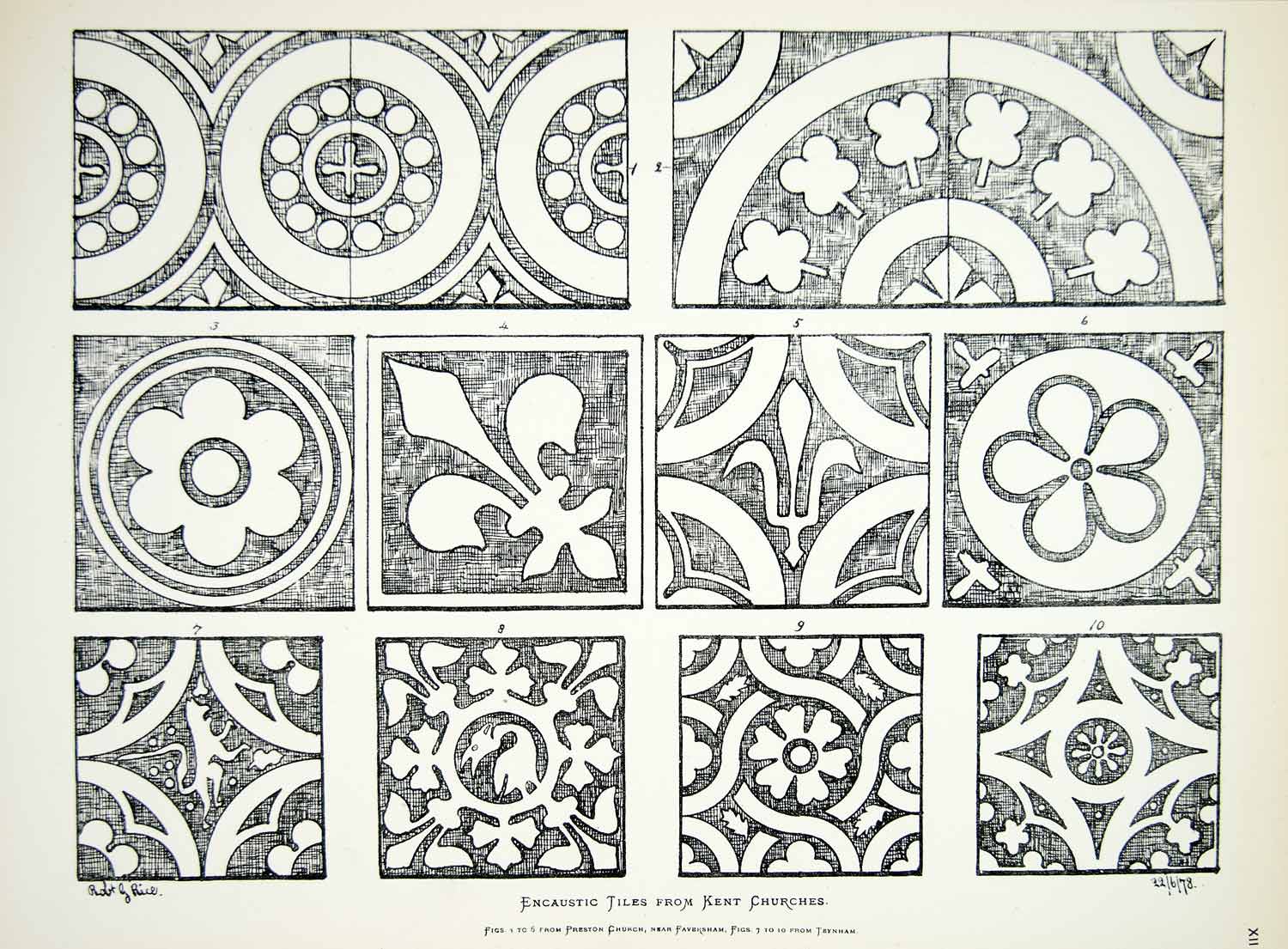 1878 Lithograph Robert G Rice Art Encaustic Tile Preston Teynham Church UK ZZ15