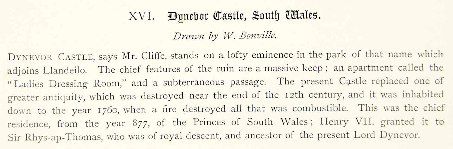 1878 Lithograph William Bonville Art Dinefwr Dynevor Castle Wales Landscape ZZ15