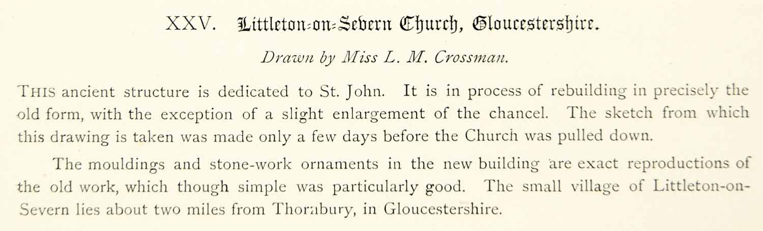 1878 Lithograph L Crossman Art St John Church Littleton-upon-Severn England ZZ15