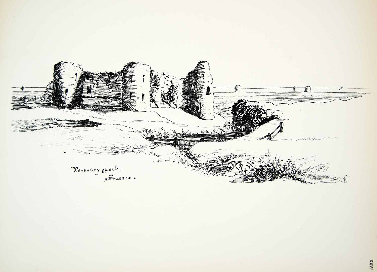 1878 Lithograph Morgan S Williams Art Pevensey Castle East Sussex England ZZ15