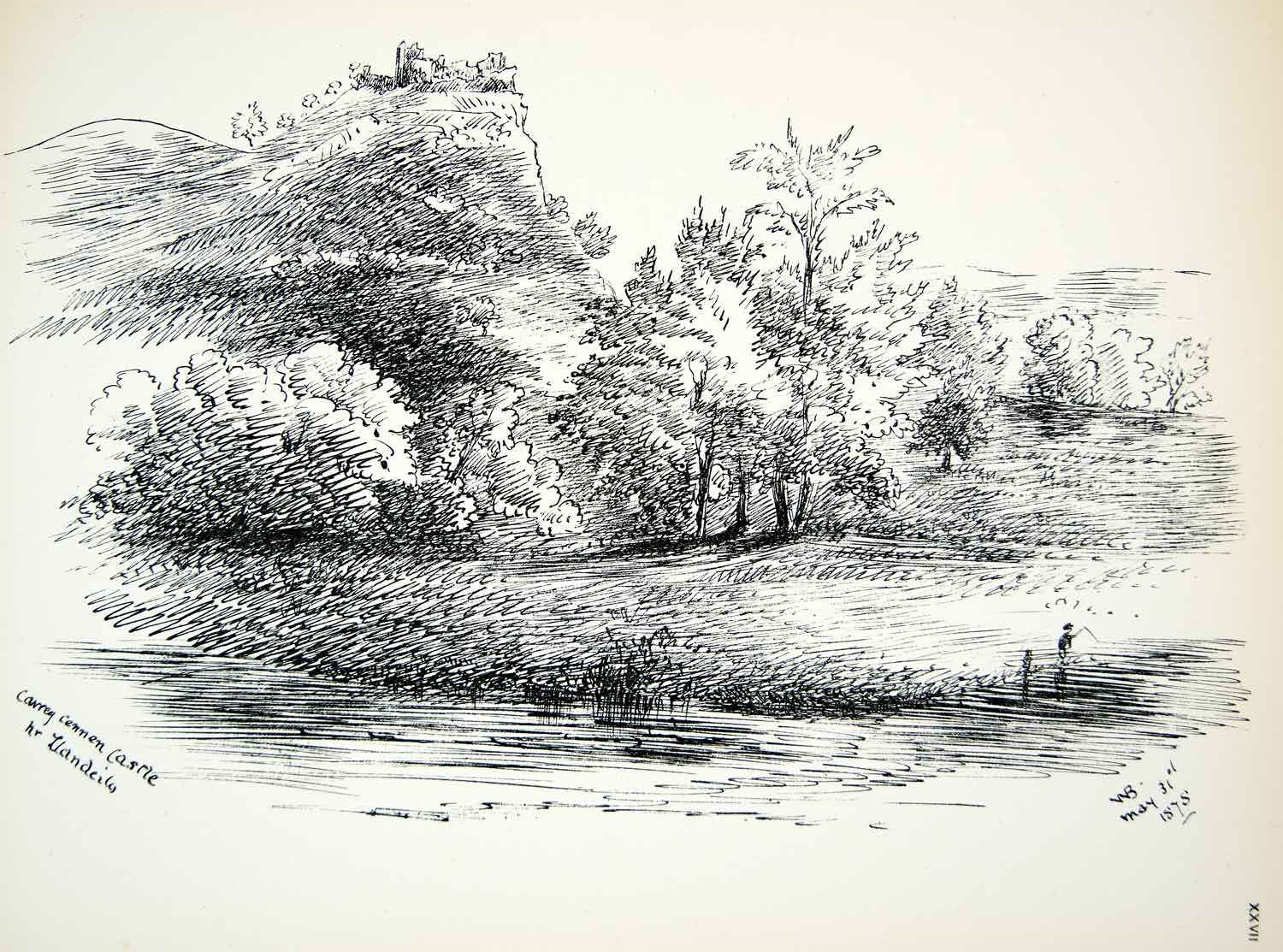 1878 Lithograph William Bonville Art Carreg Cennan Castle Wales Landscape ZZ15