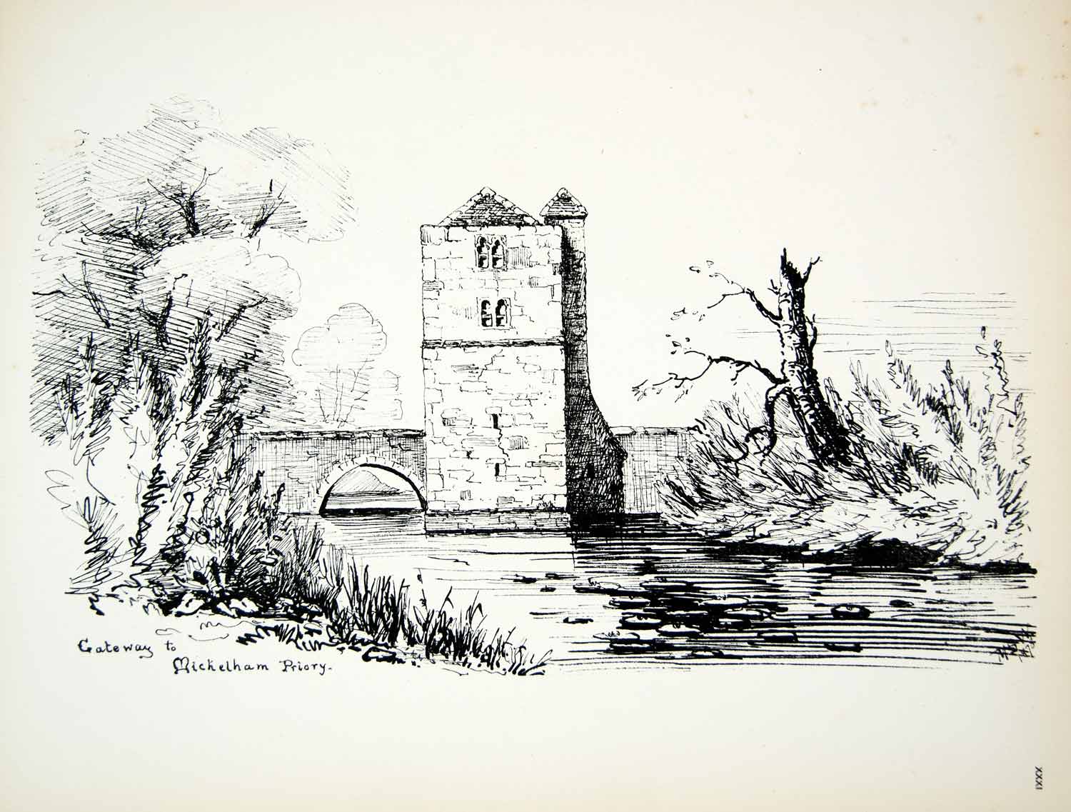 1878 Lithograph Morgan S Williams Art Michelham Priory Gateway Bridge UK ZZ15