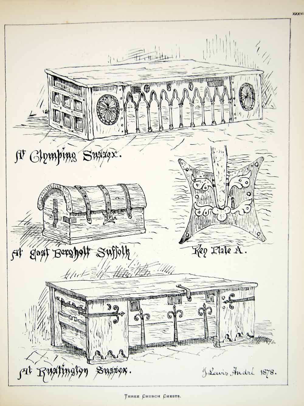 1878 Lithograph J Lewis Andre Art Church Chest Furniture Religious England ZZ15