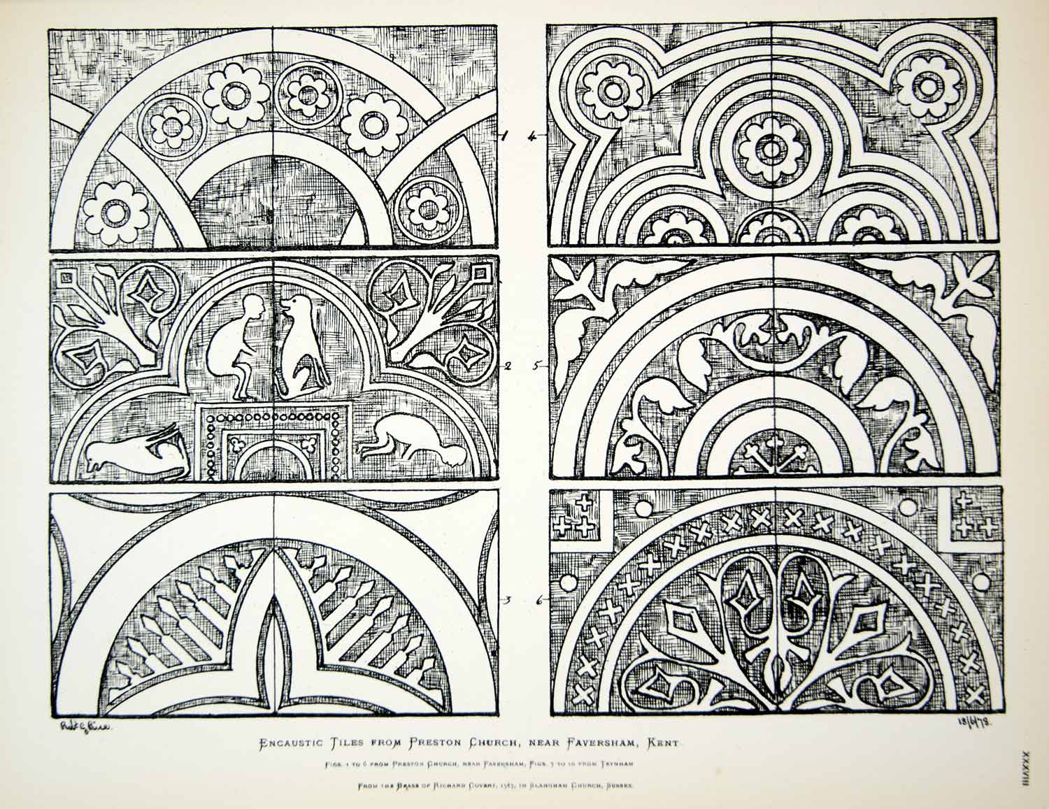 1878 Lithograph Robert Rice Art Encaustic Tile Preston Church Architecture ZZ15