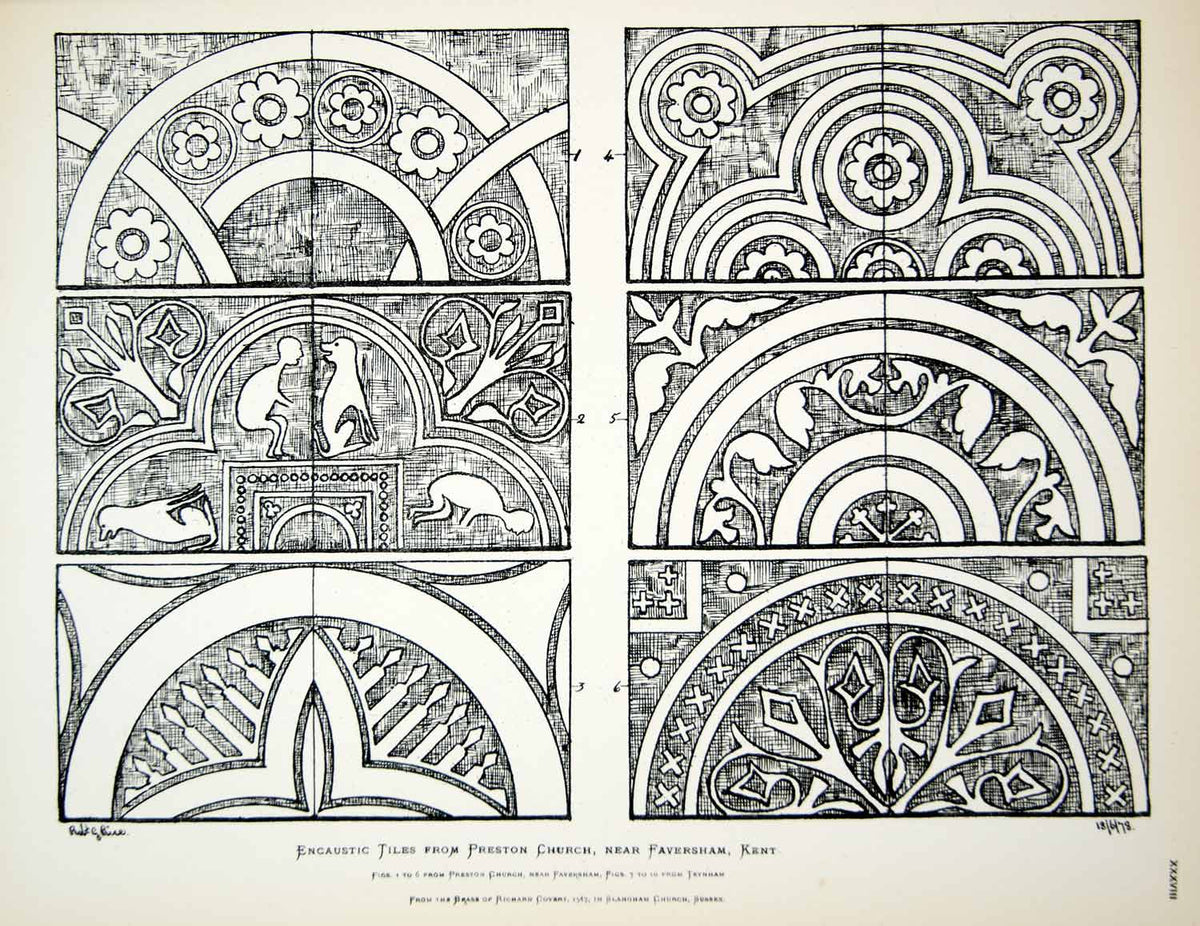 1878 Lithograph Robert Rice Art Encaustic Tile Preston Church Architec ...
