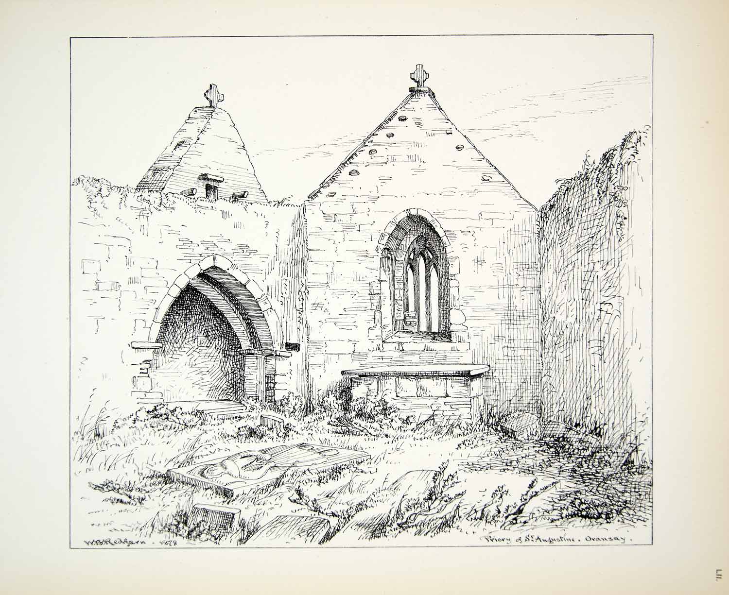 1878 Lithograph W Redfarn Art Oronsay Priory Inner Hebrides Scotland Church ZZ15