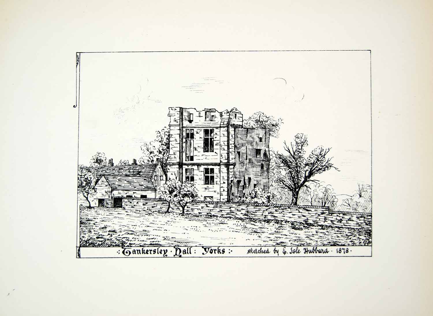 1878 Lithograph E Isle Hubbard Art Tankersley Hall Manor Hotel England UK ZZ15