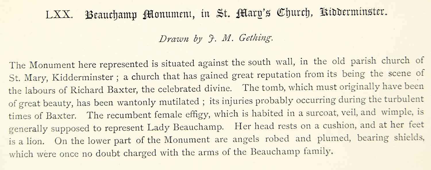 1878 Lithograph Gething Art Lady Beauchamp Monument St Marys Kidderminster ZZ15