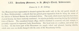 1878 Lithograph Gething Art Lady Beauchamp Monument St Marys Kidderminster ZZ15