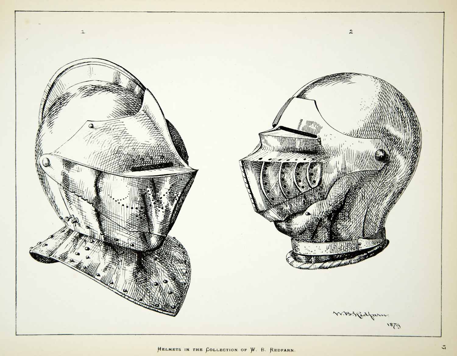 1879 Lithograph Redfarn Art Armet Helmet Knight Medieval Armor Middle Ages ZZ16