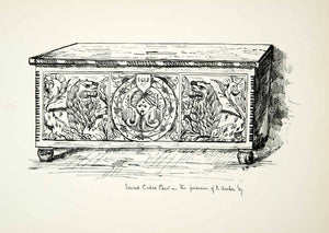 1879 Lithograph Art Cedar Chest Medieval Middle Ages Furniture Wood Carving ZZ16