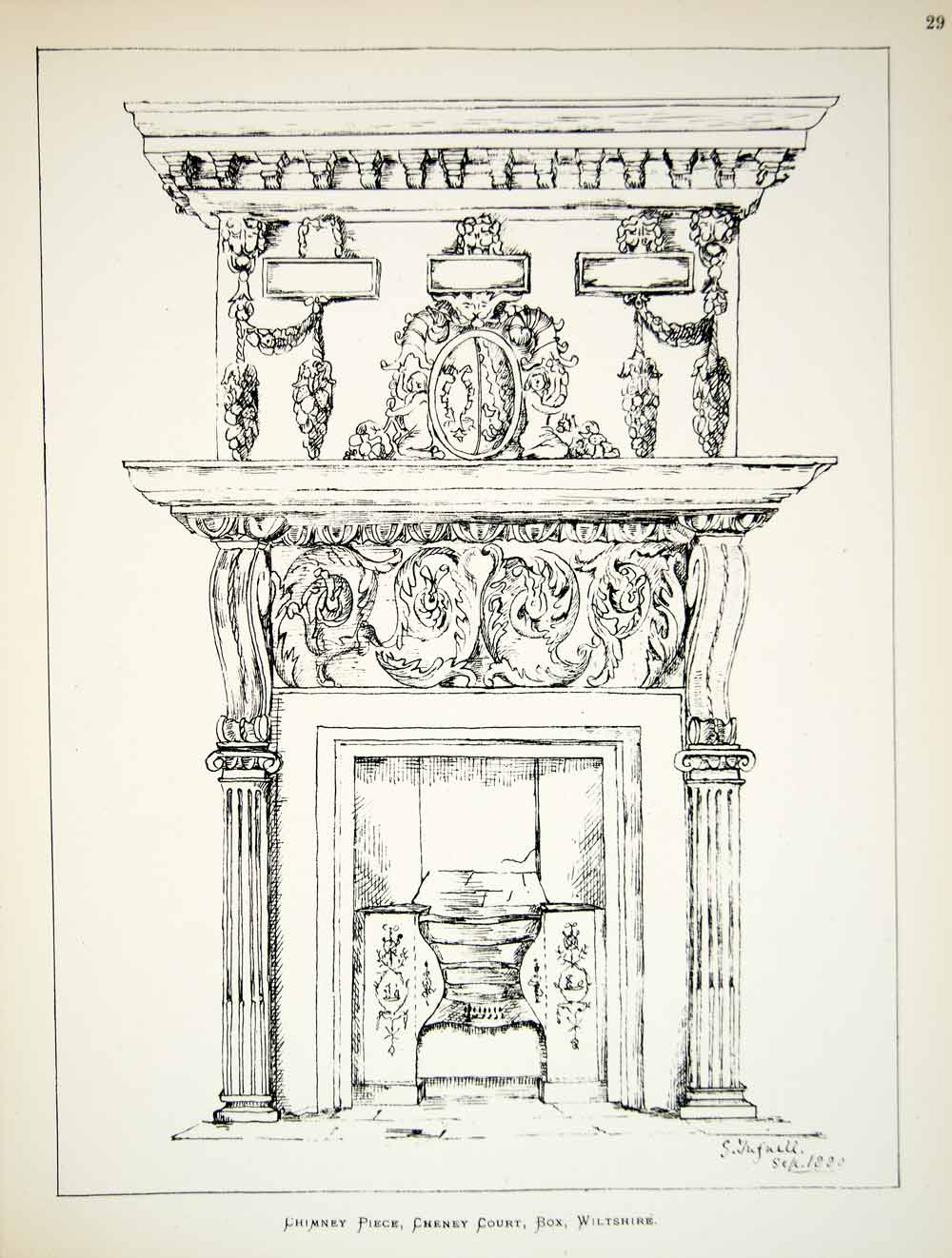1880 Lithograph G Tufnell Art Chimney Cheney Court Box England Furniture ZZ17