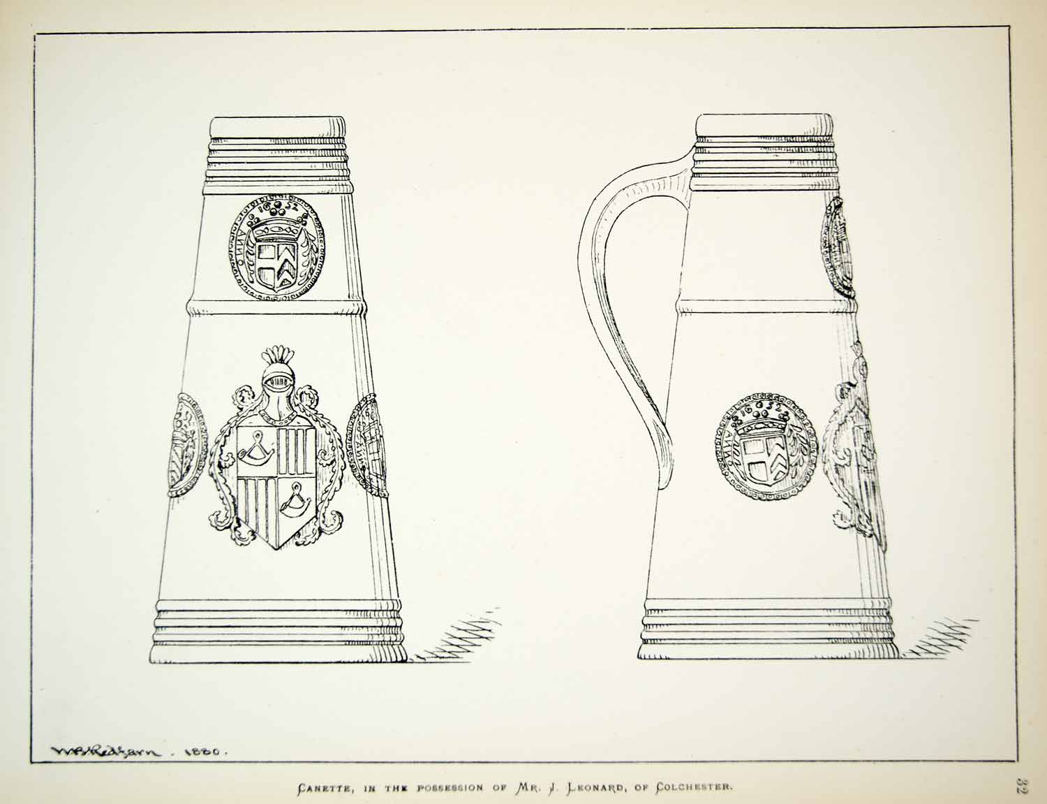 1880 Lithograph WB Redfarn Art English Canette Drink Tankard Cup Household ZZ17