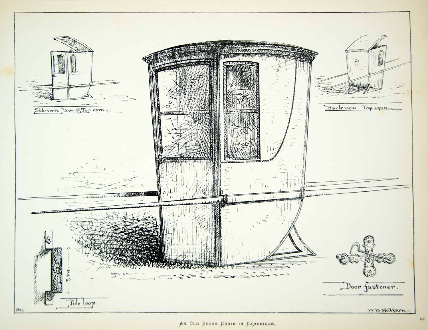 1881 Lithograph WB Redfarn English Sedan Chair Carriage Furniture Cambridge ZZ18