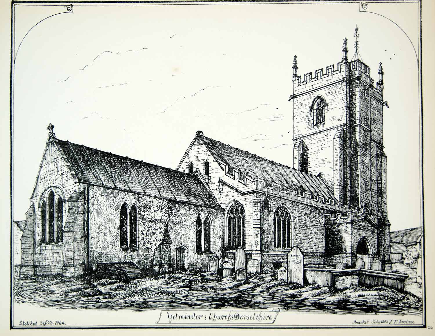 1881 Lithograph James T Irvine Art St Andrews Church Yetminster England UK ZZ18