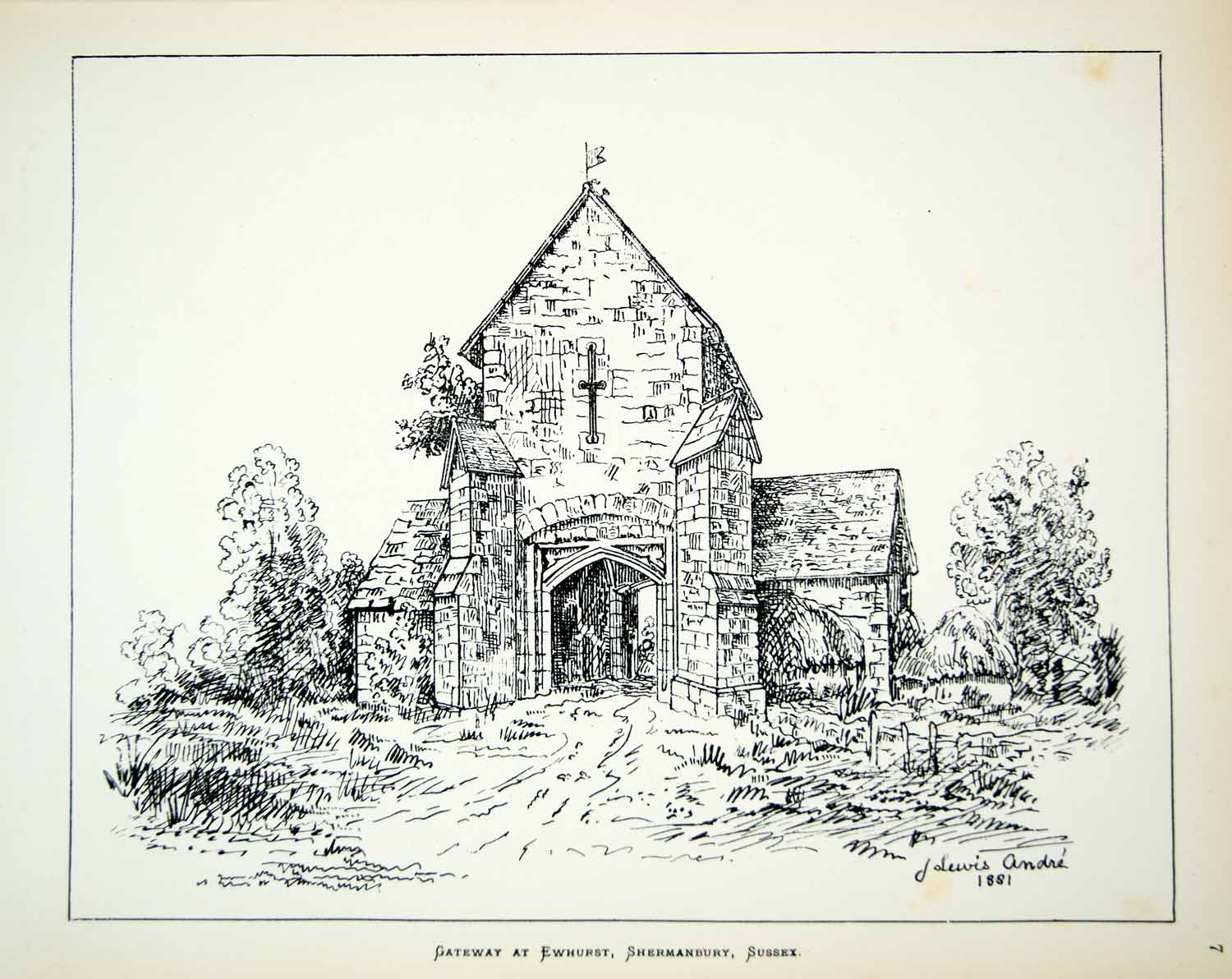 1881 Lithograph J Lewis Andre Art Gate Ewhurst Manor Shermanbury England UK ZZ18