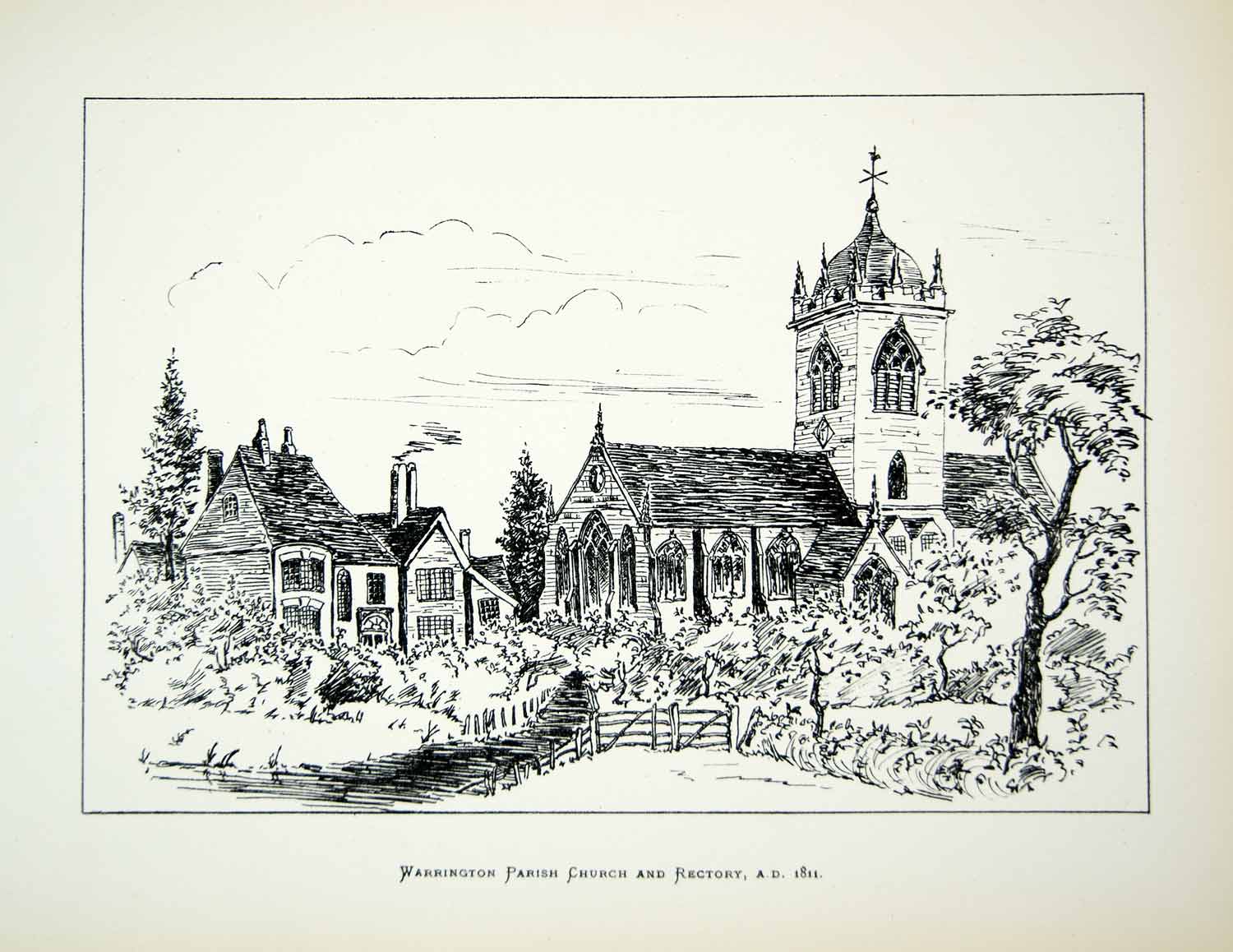 1881 Lithograph Kendrick Art Parish Church Warrington Cheshire England UK ZZ18