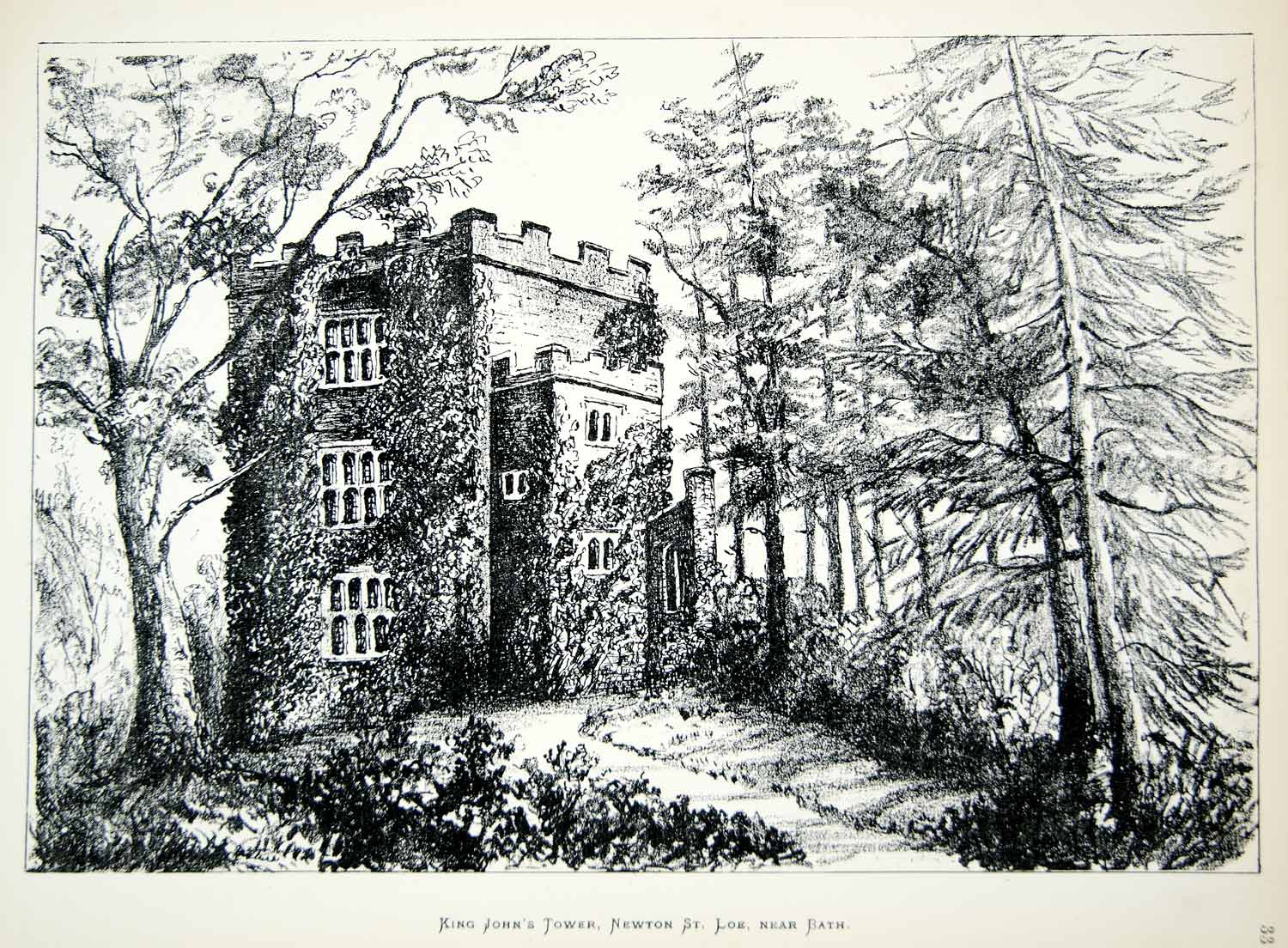 1881 Lithograph Hall Art Tower Newton St Loe Castle Manor House England UK ZZ18