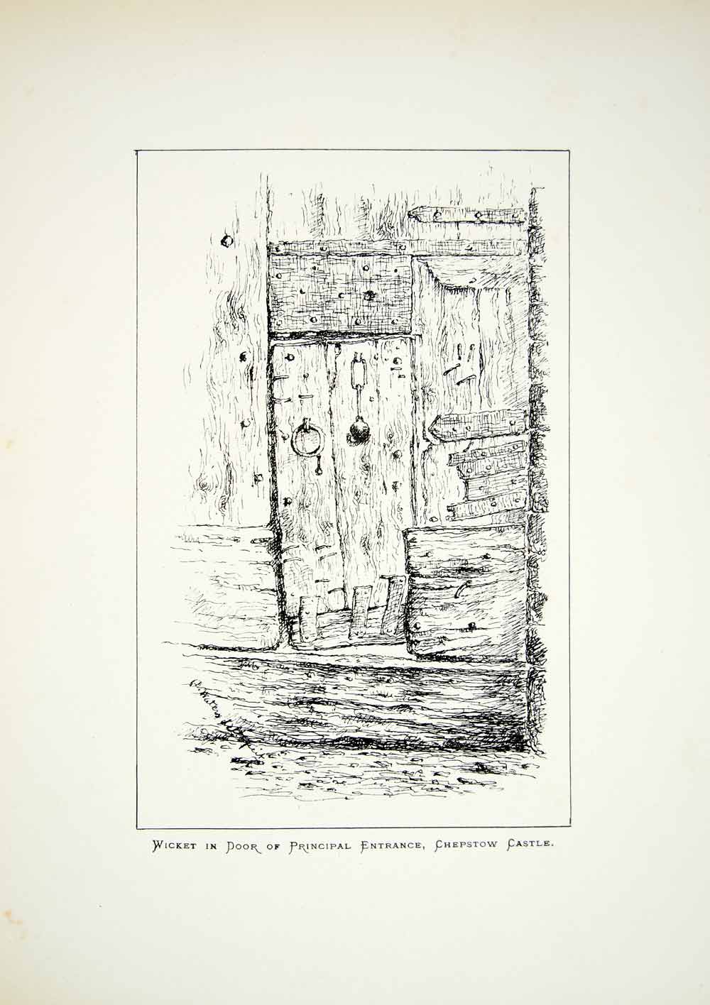 1881 Lithograph D Waters Art Wicket Door Chepstow Castle Wales Architecture ZZ18