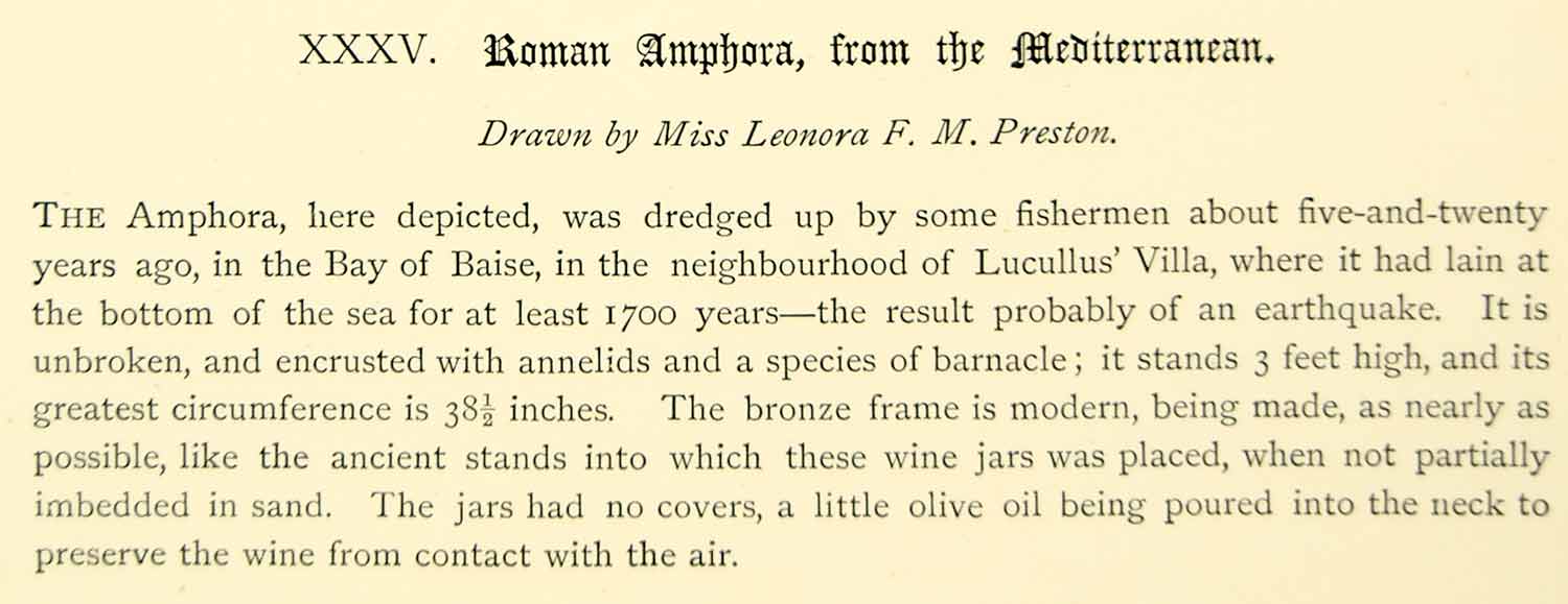 1881 Lithograph Leonora FM Preston Art Ancient Rome Amphora Archaeology Jar ZZ18