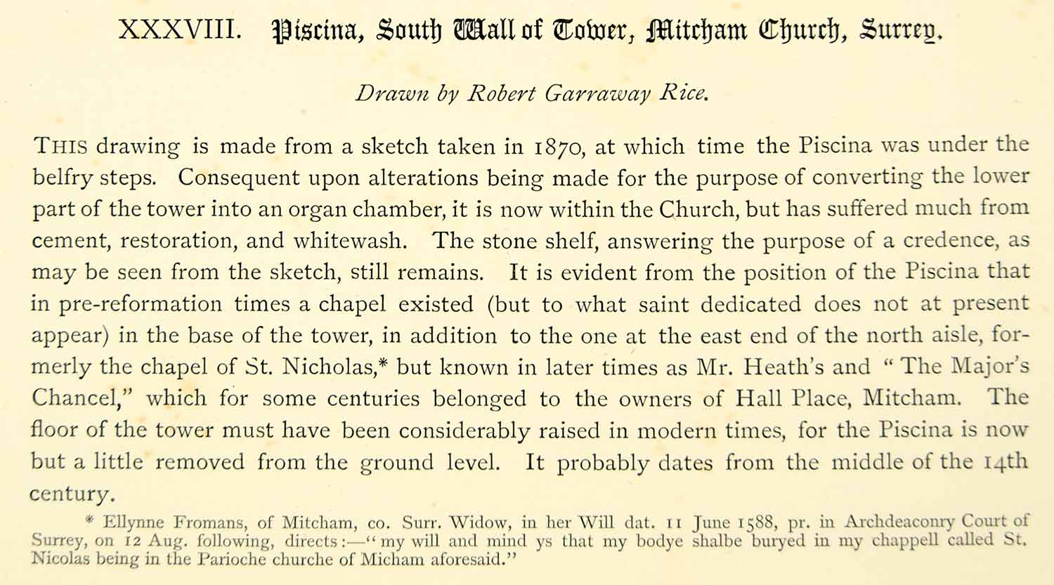 1881 Lithograph Piscina St Nicholas Church Mitcham England UK Architecture ZZ18