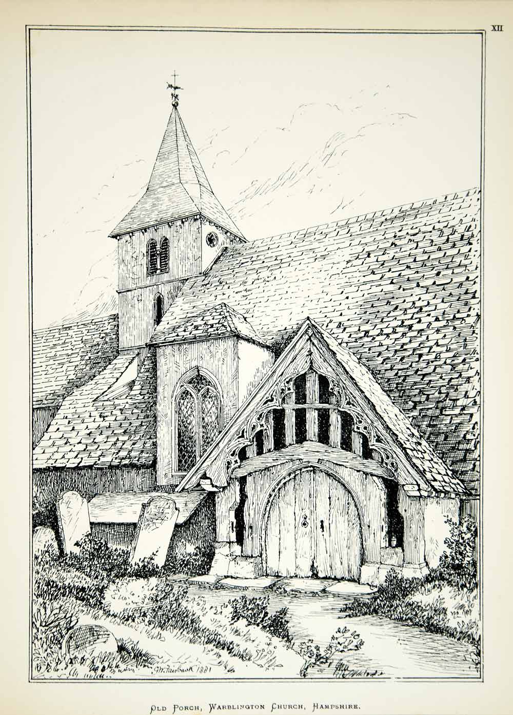 1882 Lithograph GW Fairbank Art Church St Thomas Becket Warblington England ZZ19