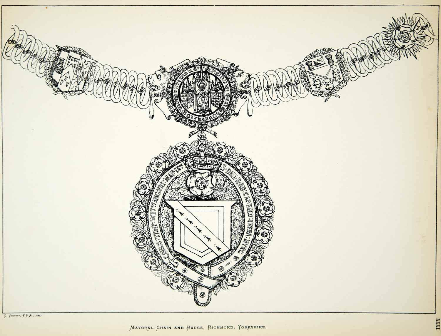 1882 Lithograph Llewellynn Jewitt Art Chain Badge Mayor Richmond Yorkshire ZZ19
