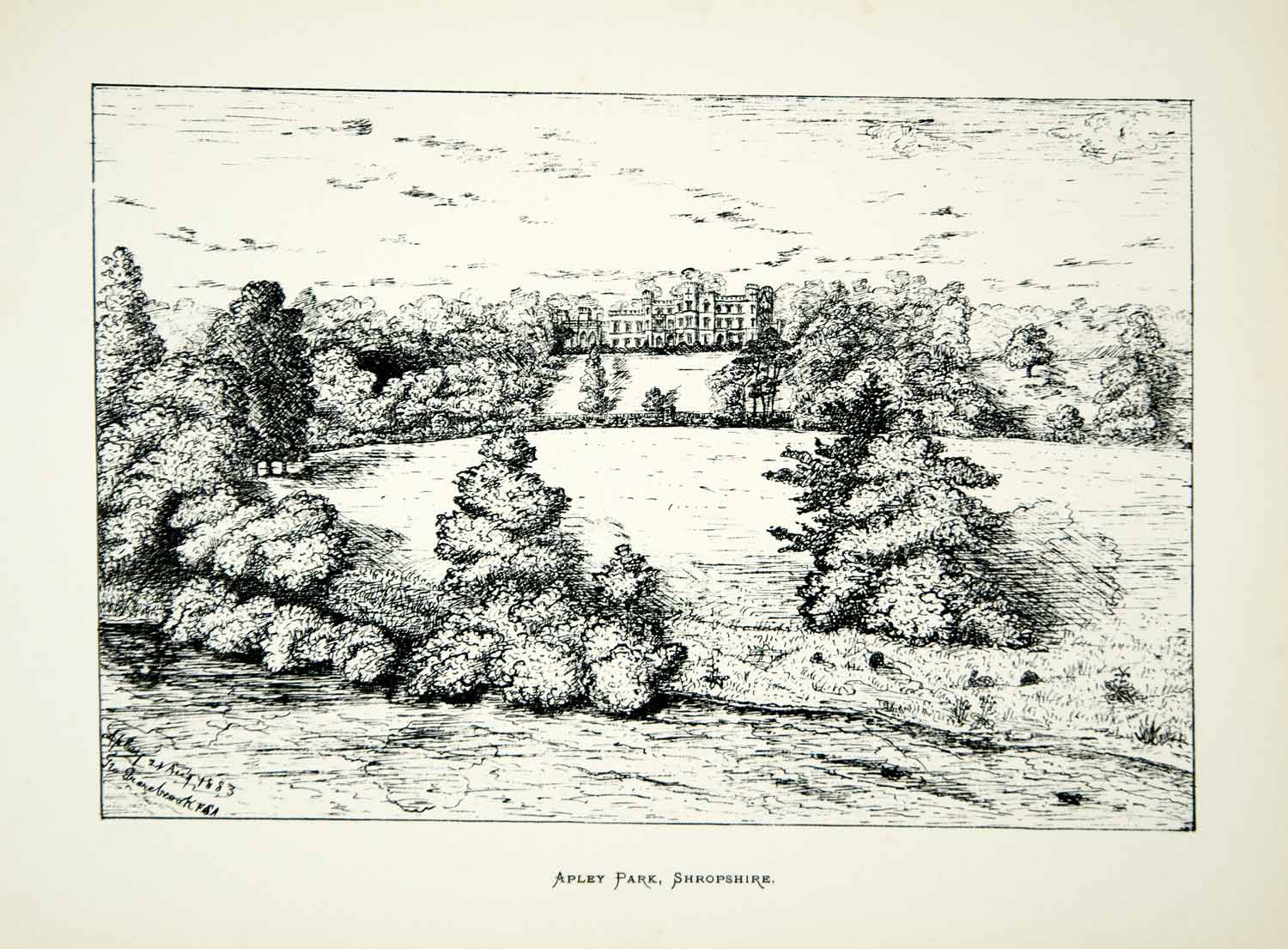 1882 Lithograph George Grazebrook Art Apley Hall House Shropshire England ZZ19