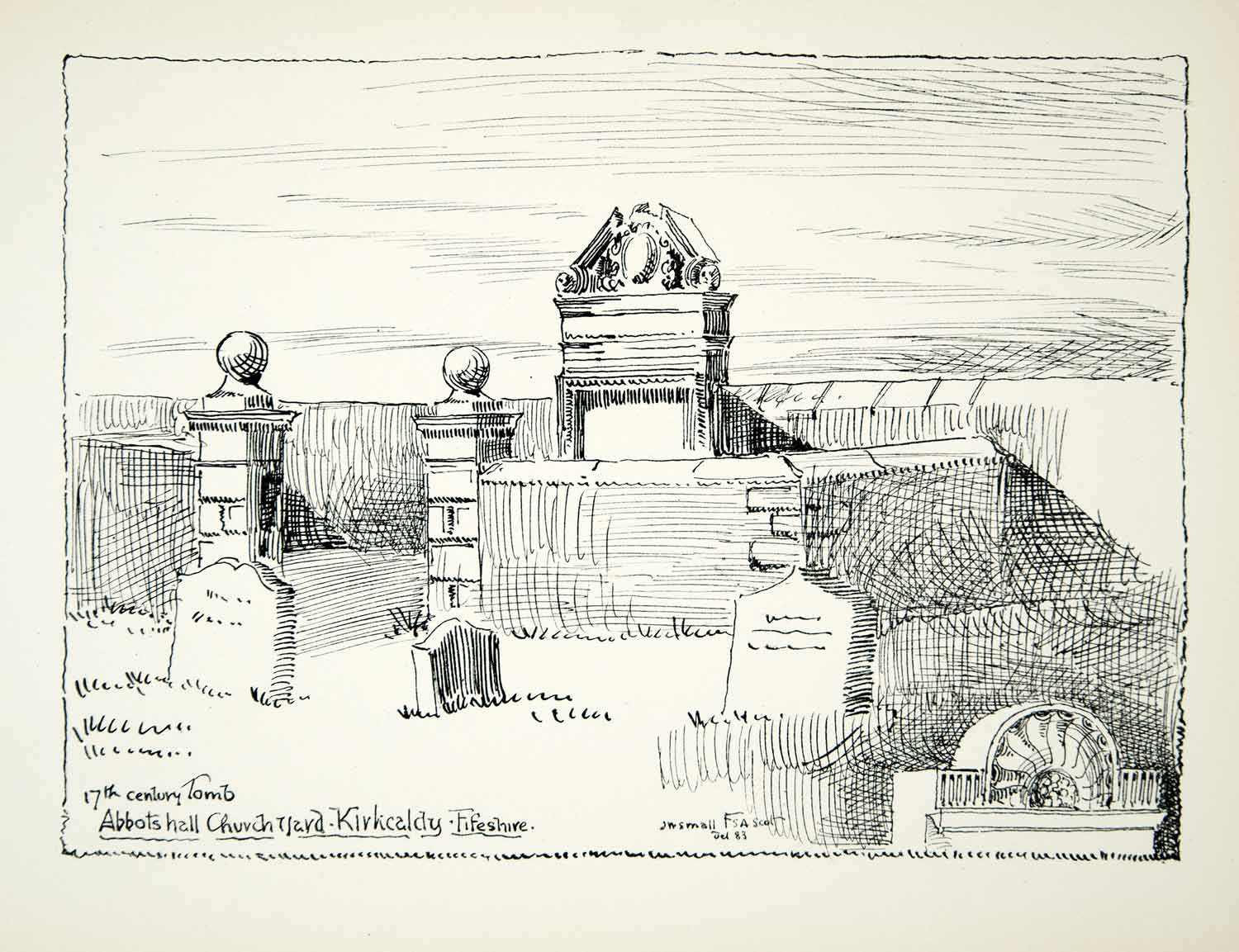 1882 Lithograph JW Small Art Abbotshall Kirkcaldy Fife Scotland Cemetery UK ZZ19