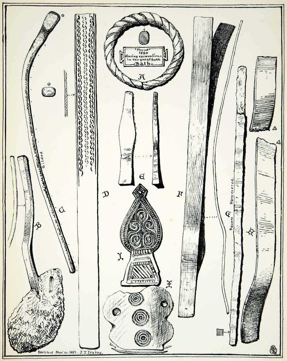 1882 Lithograph James T Irvine Art Archeology Ancient Roman Jewelry Bath UK ZZ19