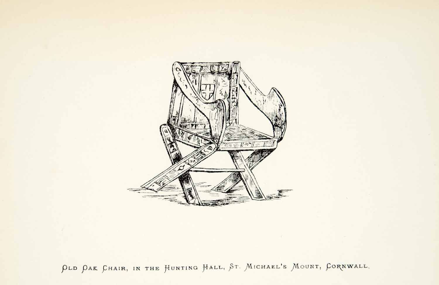 1882 Lithograph Llewellynn Jewitt Art Oak Chair Furniture St Michaels Mount ZZ19