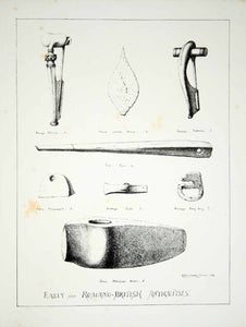 1856 Lithograph TN Brushfield Art Archeology Romano-British Arrowhead Fibula ZZ1