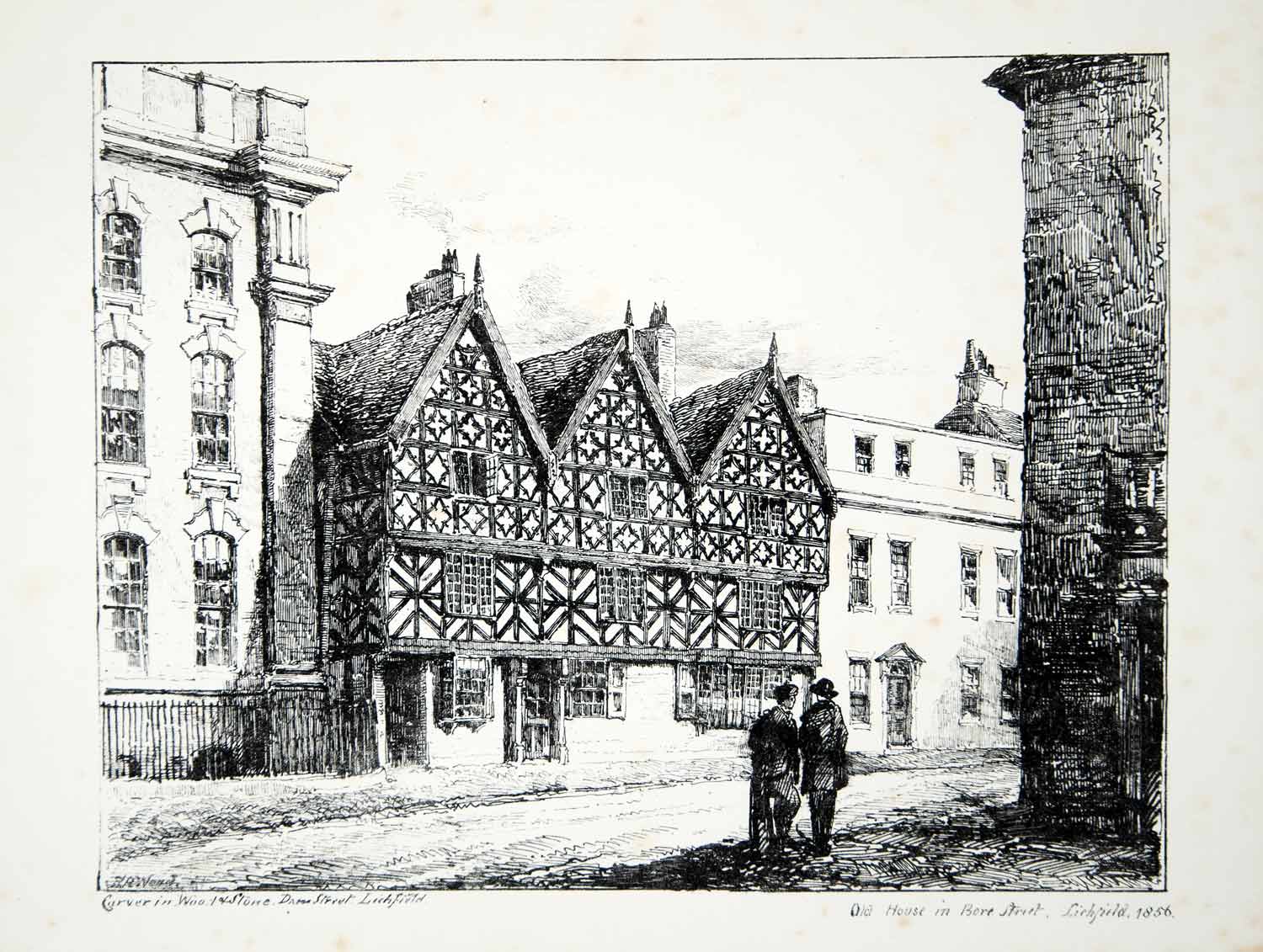 1856 Lithograph C Gresley Art Tudor Architecture House Lichfield Bore Street ZZ1
