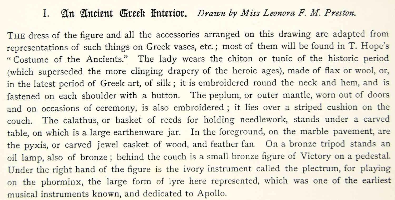 1883 Lithograph Leonora FM Preston Art Ancient Greek Interior Furniture ZZ20