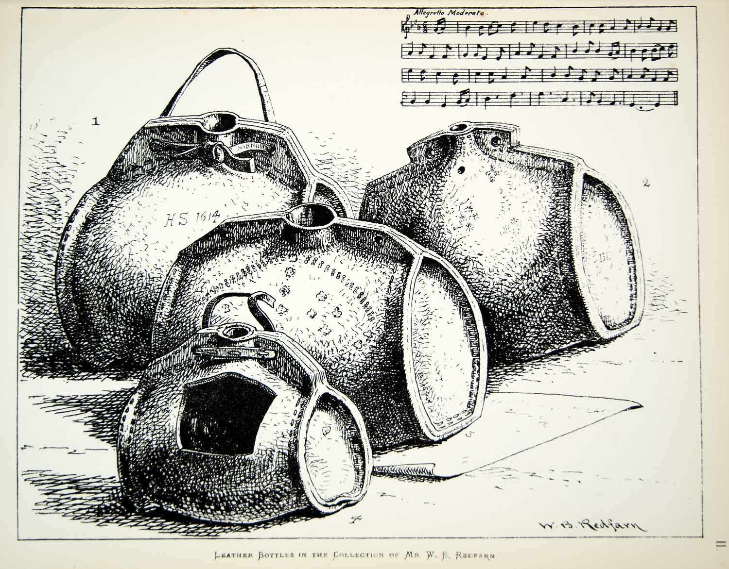 1883 Lithograph WB Redfarn Art Leather Bottles England Ballad Music Song ZZ20