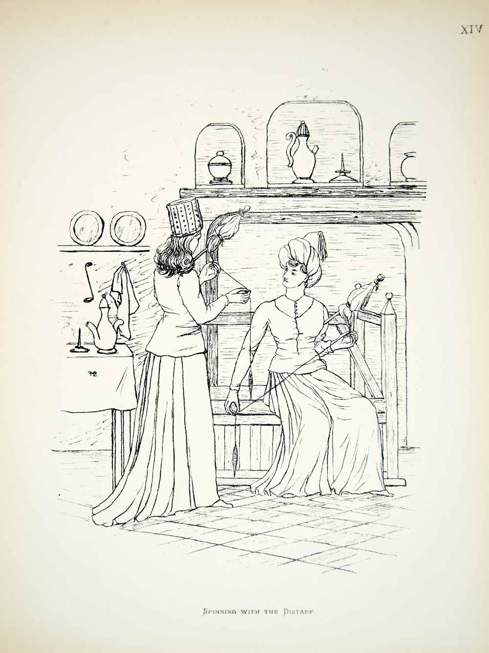 1883 Lithograph Leonora FM Preston Art Spinning Distaff Middle Ages England ZZ20