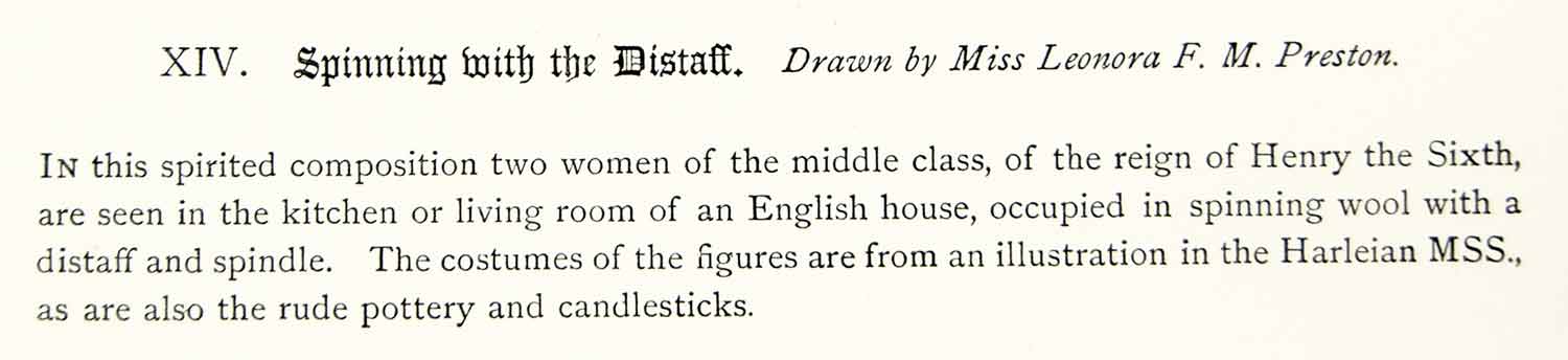 1883 Lithograph Leonora FM Preston Art Spinning Distaff Middle Ages England ZZ20